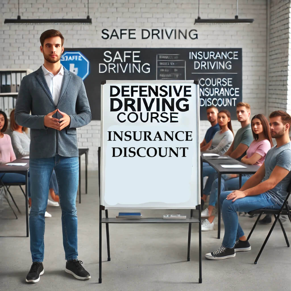 Instructor standing in front of a group of students in a classroom setting with a sign that reads 'Defensive Driving Course Insurance Discount,' representing the benefits of taking a defensive driving course to receive an insurance discount.