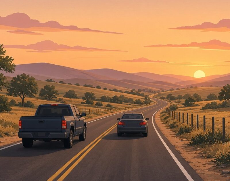Flat illustration of a pickup truck and a sedan driving in their lanes with safe spacing on a two-lane Texas highway through open ranch land at sunset