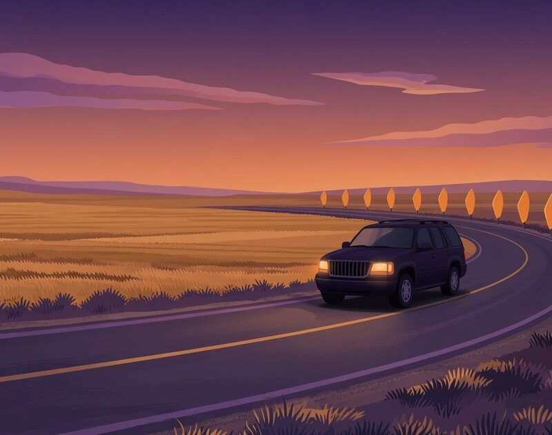 Flat illustration of a full-size SUV driving carefully around a gentle curve on a rural North Dakota road at dusk, with reflective curve markers along the edge