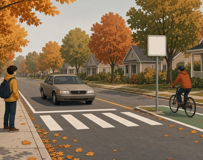 Flat illustration of a sedan slowing on a leafy suburban street as a pedestrian waits at a crosswalk and a cyclist rides in a green bike lane