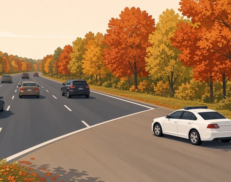 Flat illustration of a police cruiser parked on a suburban Virginia road as sedans and SUVs pass at a steady speed under autumn trees