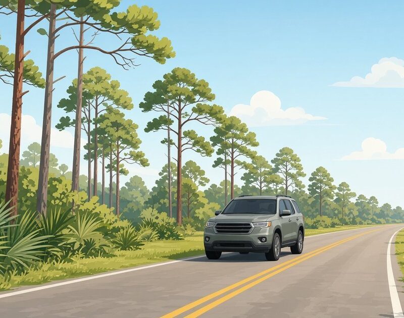 Flat illustration of a family SUV driving steadily in its lane on a quiet tree-lined Florida road with a grassy shoulder on a sunny morning