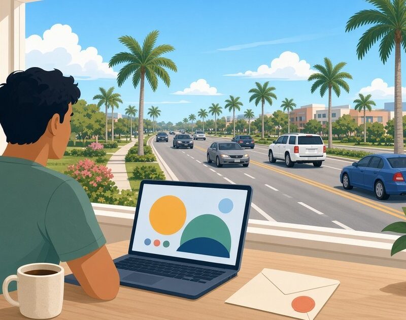 Flat illustration of a driver at a kitchen table with a laptop and a ticket envelope, looking out at sedans and SUVs on a palm-lined Florida boulevard