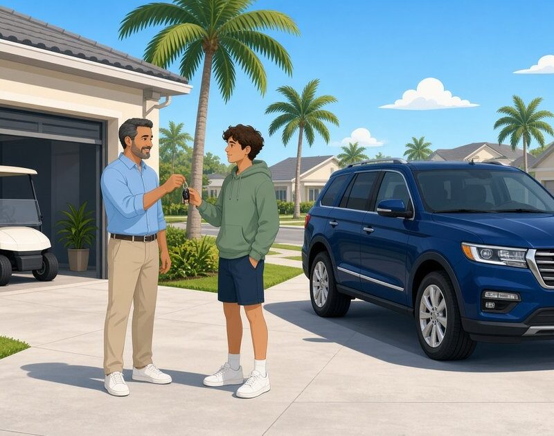 Flat illustration of a parent handing car keys to a teenager beside a family SUV in a sunny Florida driveway, with a golf cart parked in the garage