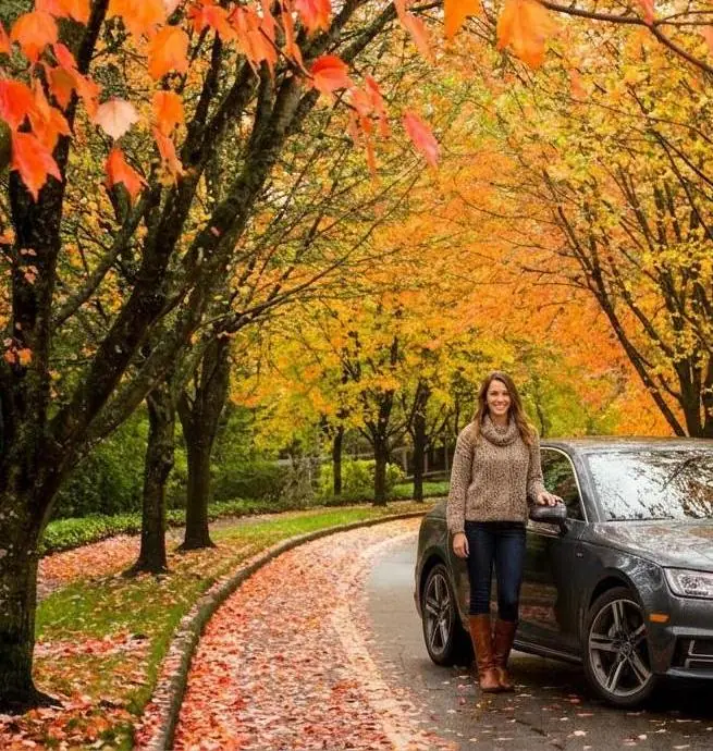 Woman standing beside her car on a tree-lined road covered in autumn leaves