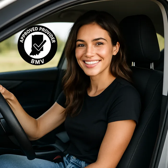 Smiling woman at the wheel of her car with an Indiana BMV approved provider badge