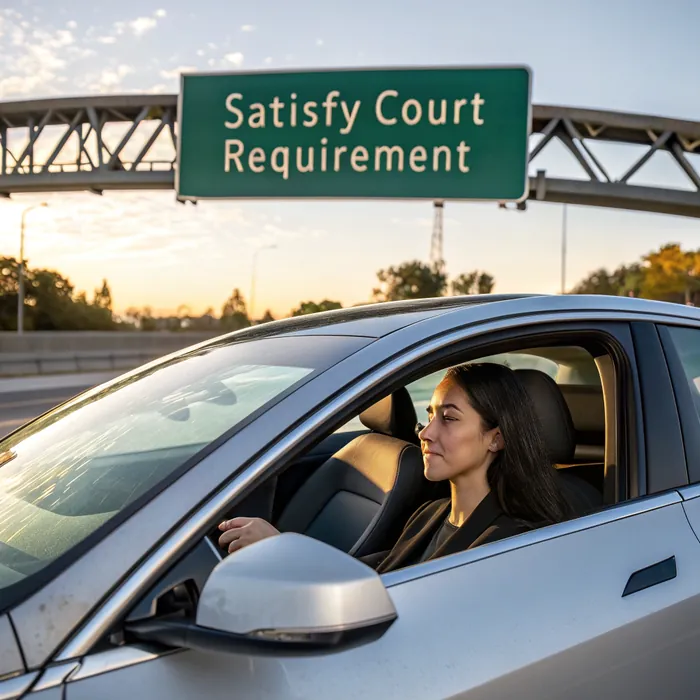 Woman driving under a highway sign that reads Satisfy Court Requirement