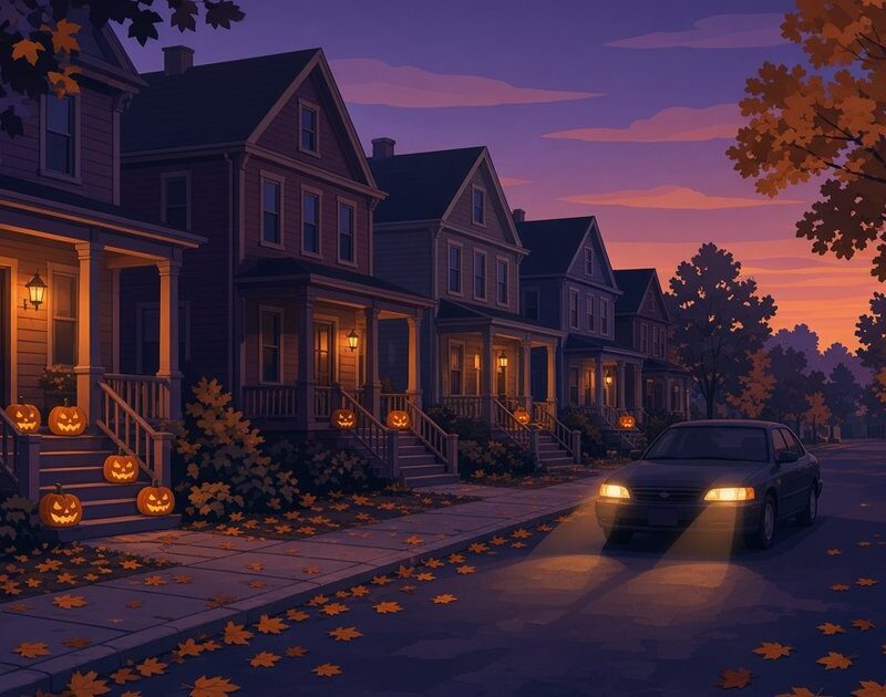 Flat illustration of a sedan driving slowly down a leafy New York neighborhood street at dusk, with carved pumpkins on porches and warm porch lights