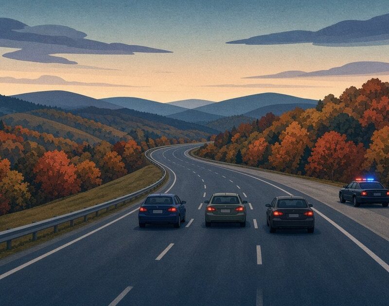Flat illustration of evenly spaced cars traveling a curving autumn highway at dusk while a patrol car with glowing lights waits on the wide right shoulder