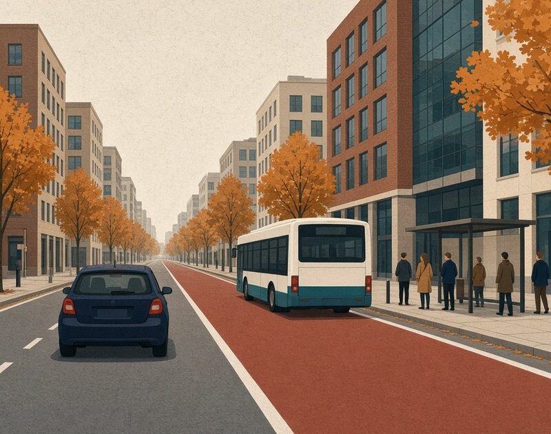 Flat illustration of a city bus driving in a red-painted curbside bus lane while a small car stays in the regular traffic lane beside it on an autumn city avenue
