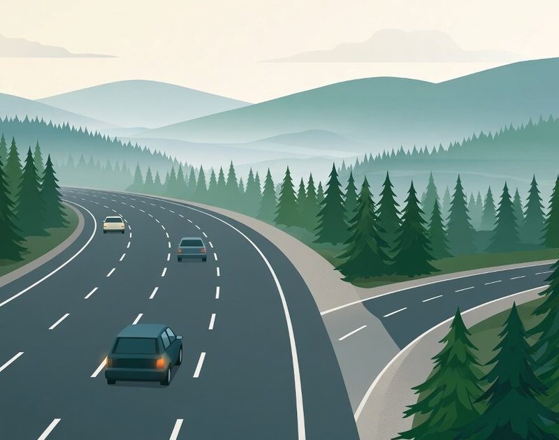 Flat illustration of a car calmly keeping its lane on an evergreen-lined freeway as an exit ramp curves away to the right