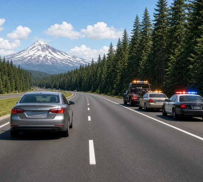Car moving over to the left lane to give space to a police car and tow truck stopped on the shoulder of a sunny Oregon highway