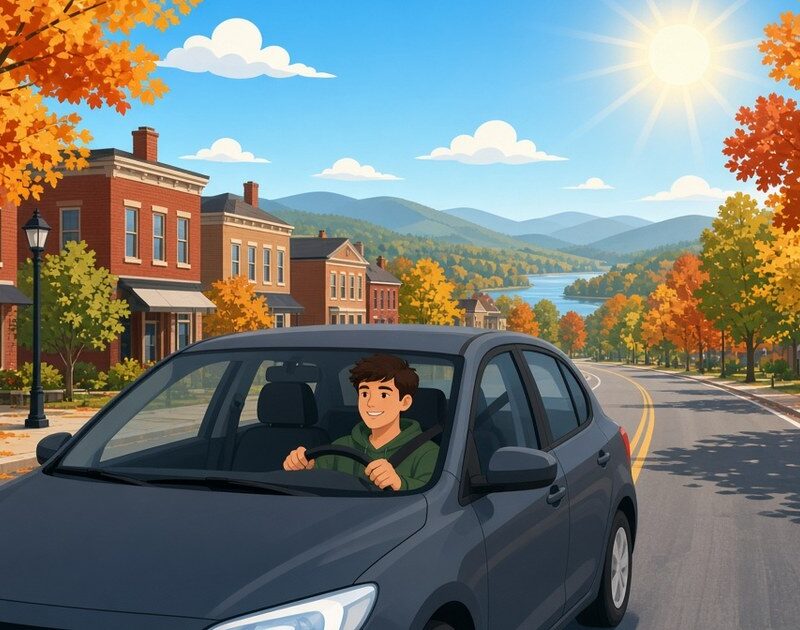 Flat illustration of a smiling teen driver wearing a seat belt driving carefully down a sunny, tree-lined Hudson Valley street in autumn