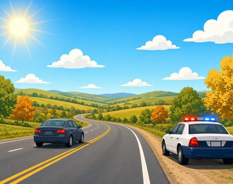 Flat illustration of a sedan slowing down as it passes a police car parked on the shoulder of a sunny Wisconsin country highway in autumn